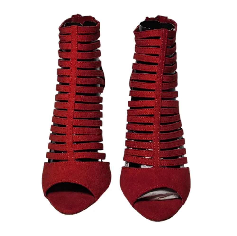 Zara Bright Red Faux Suede Strappy Caged Open Toe 4” Stiletto Heels Size‎ 36